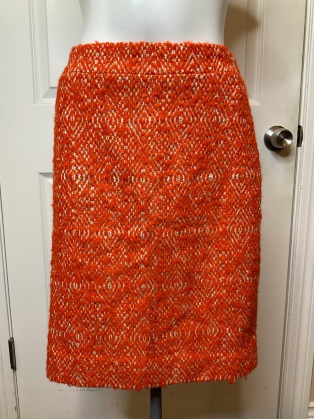 J. Crew Orange & White Geometric Textured Tweed No. 2 Pencil Skirt, Size 4P